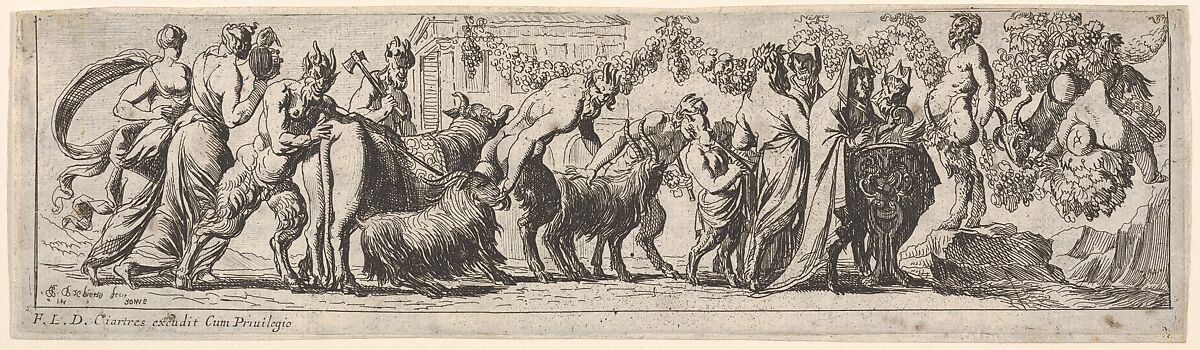 Procession of satyrs and draped figures leading two goats and cow to sacrifice, at right the figure of Pan stands on a rocky pedestal, from a series of twelve frieze-like designs showing bacchanals, sacrifices, and dances, Pierre Brebiette (French, Mantes-sur-Seine ca. 1598–1642 Paris), Etching 