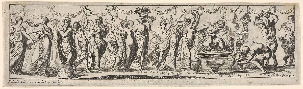 Procession of draped female dancers, women bearing baskets, and male musicians, at right a satyr lies bound on a pyre, from a series of twelve frieze-like designs showing bacchanals, sacrifices, and dances, Pierre Brebiette (French, Mantes-sur-Seine ca. 1598–1642 Paris), Etching 