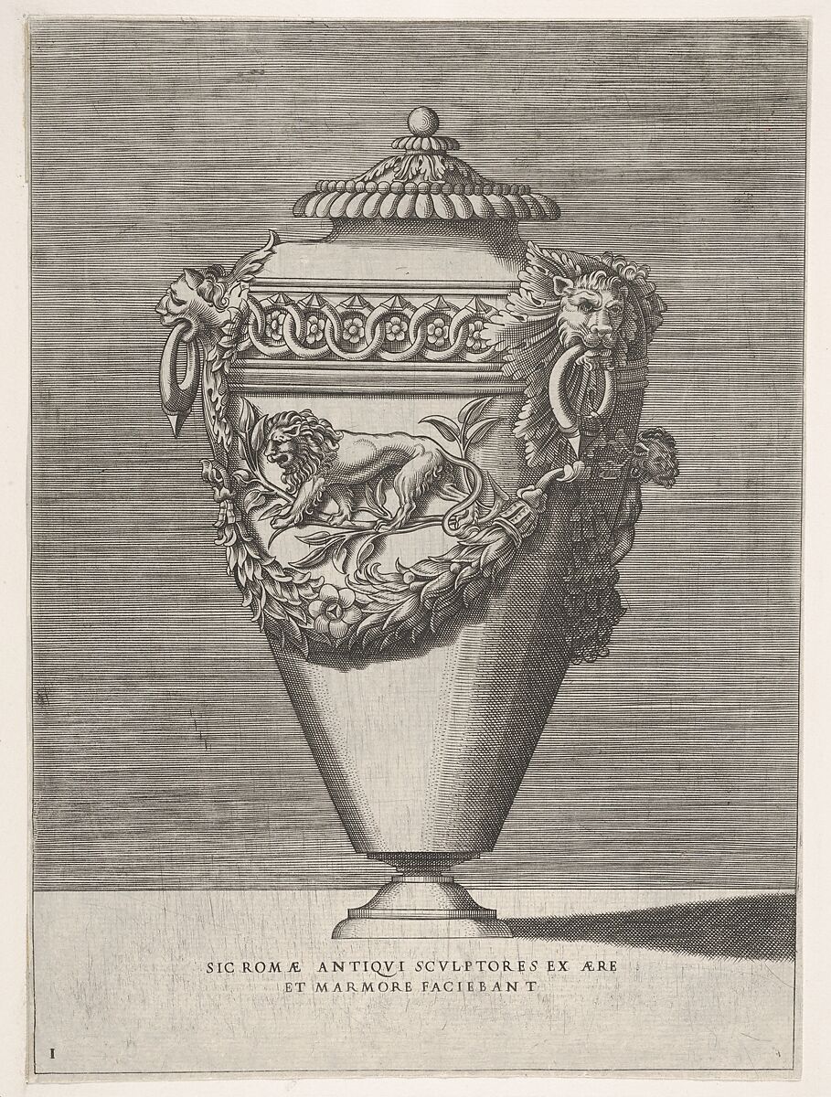 Antique Lidded Urn Decorated with a Motif of Diamond Rings and Lions, from "Vases after the Antique", Enea Vico (Italian, Parma 1523–1567 Ferrara), Engraving on laid paper, first or second edition 