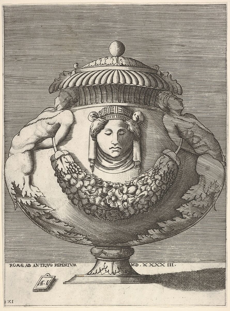 Antique Lidded Urn with Hybrid Male Sphinxes and a Female Mask on the Body, from "Vases after the Antique", Enea Vico (Italian, Parma 1523–1567 Ferrara), Engraving; first or second state 
