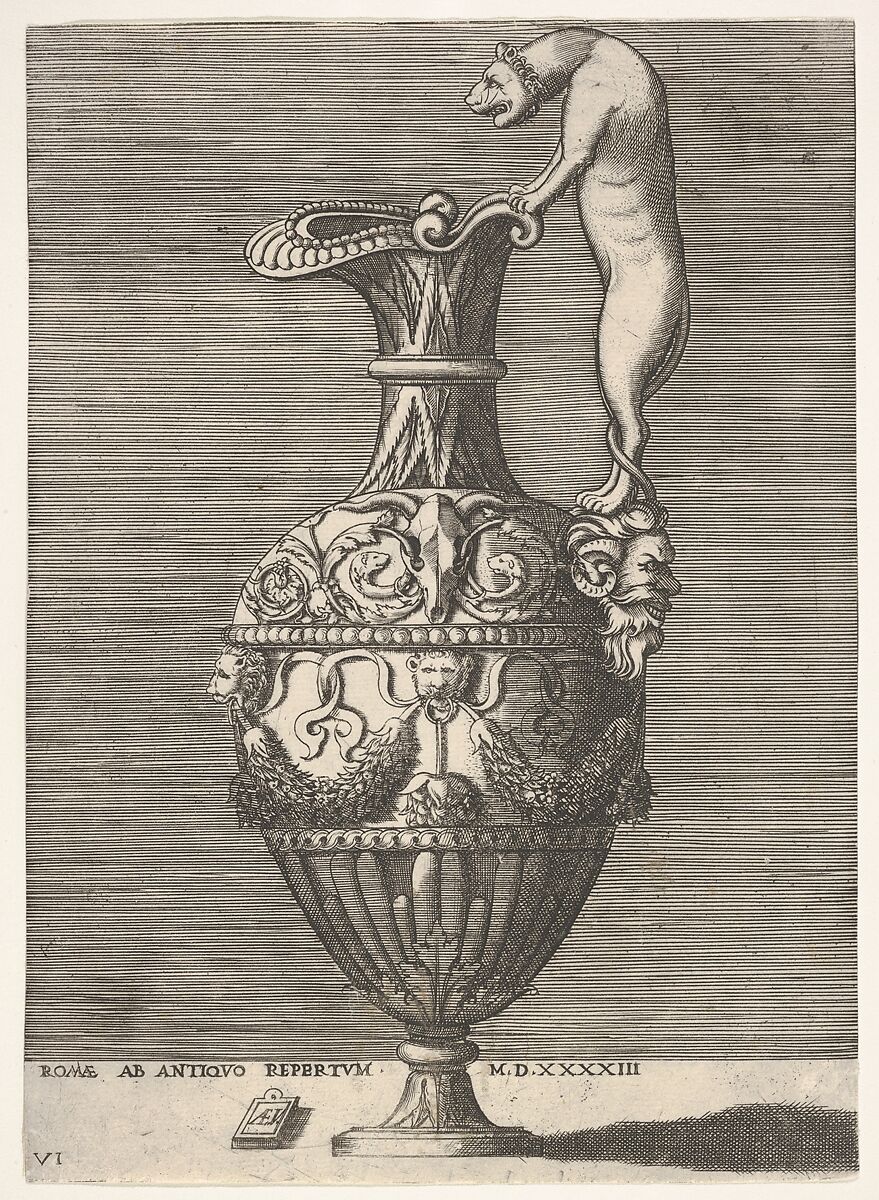 Antique Ewer with a Handle in the Shape of a Lioness, from "Vases after the Antique", Enea Vico (Italian, Parma 1523–1567 Ferrara), Engraving; second state 