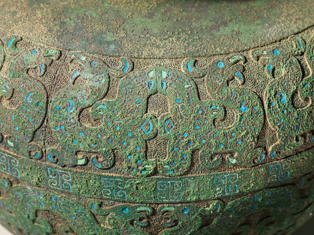 Wine container (fou), Bronze inlaid with barium pigment, China