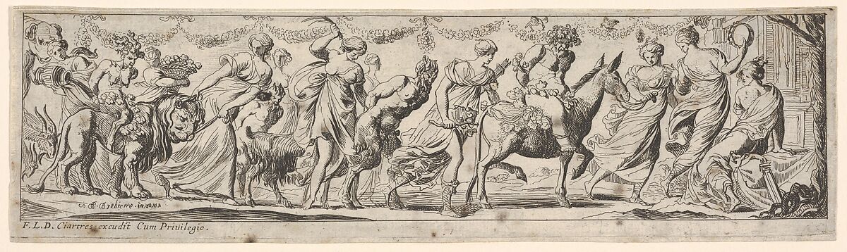 Procession of draped women leading captives and animals, at left Envy rides a lion, at right Silenus rides a donkey, from a series of twelve frieze-like designs showing bacchanals, sacrifices, and dances, Pierre Brebiette (French, Mantes-sur-Seine ca. 1598–1642 Paris), Etching 