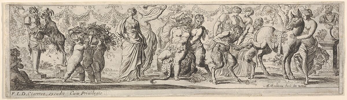 Composition of figures between a Pan herm and a sculpted bust: at left putti carry grapevines, at center a satyr supports Silenus upon a leopard skin, at right a satyr shoes a donkey, from a series of twelve frieze-like designs showing bacchanals, sacrifices, and dances, Pierre Brebiette (French, Mantes-sur-Seine ca. 1598–1642 Paris), Etching 