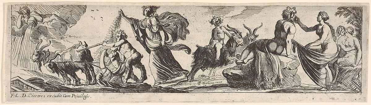 Ceres sows seeds and walks behind a goat-drawn plough, at right a man draped with a lion skin grasps a woman's garment and a female satyr receives an embrace from another figure, from a series of twelve frieze-like designs showing bacchanals, sacrifices, and dances, Pierre Brebiette (French, Mantes-sur-Seine ca. 1598–1642 Paris), Etching 