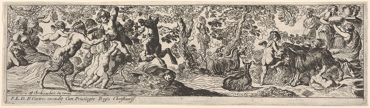 Bacchanal with young Bacchus grasping grapes in his raised left hand; at left a satyr, putti, and a donkey crowd around Bacchus; at right a she-goat suckles a child and women pass a bowl; from a series of twelve frieze-like designs showing bacchanals, sacrifices, and dances, Pierre Brebiette (French, Mantes-sur-Seine ca. 1598–1642 Paris), Etching 