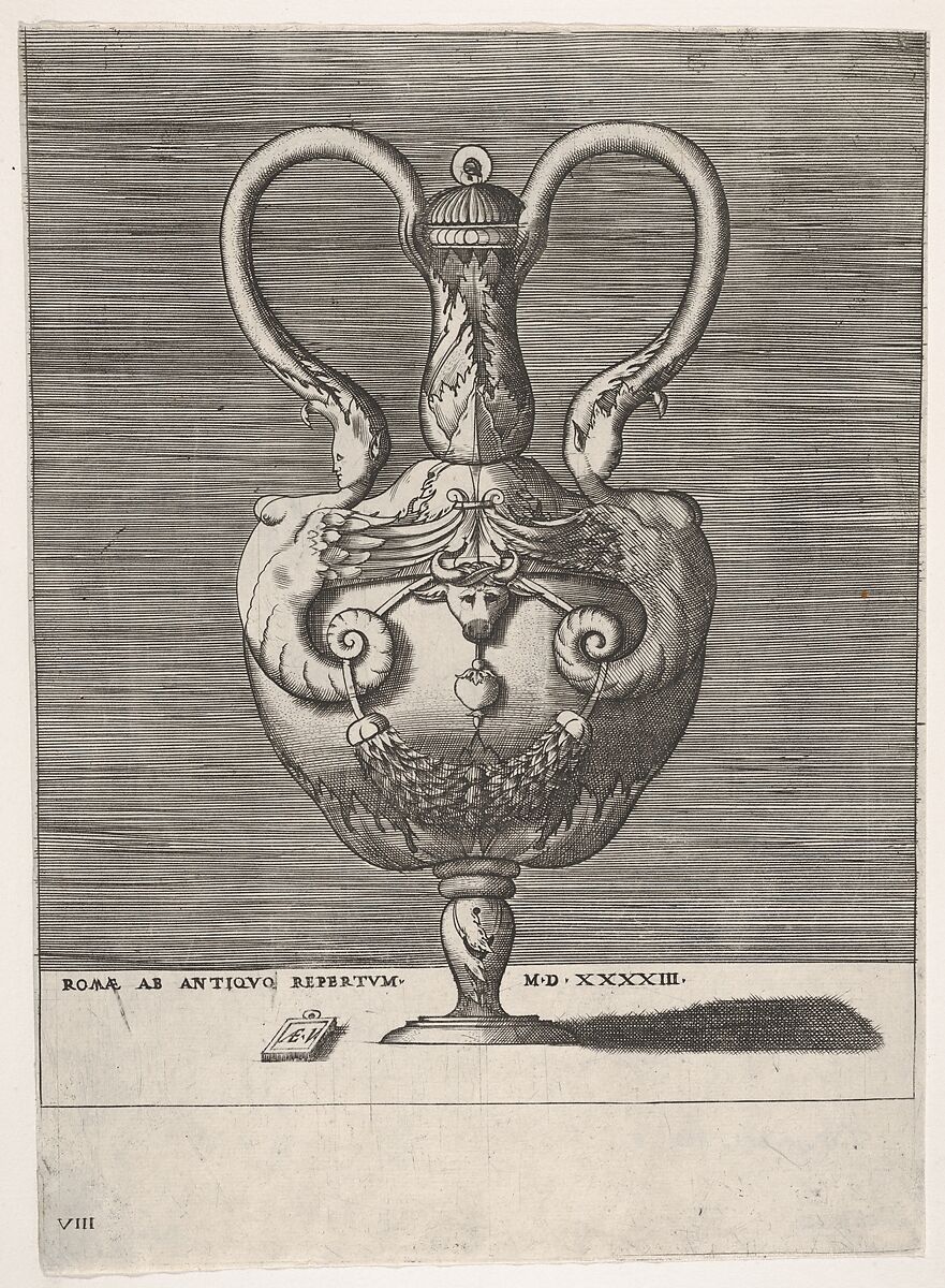 Antique Lidded Vase with Two Handles emerging from the Heads of Hybrid Female Sphinxes, from "Vases after the Antique", Enea Vico (Italian, Parma 1523–1567 Ferrara), Engraving; second state 