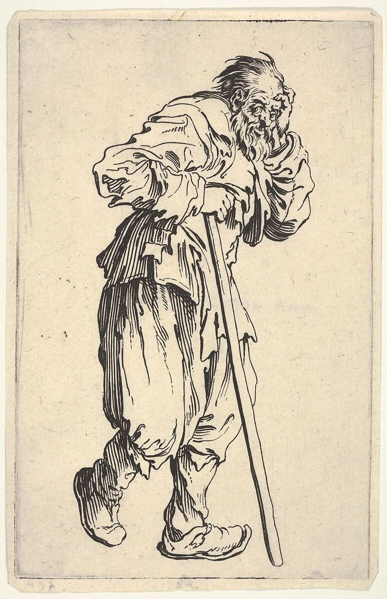 Bearded man, dressed in rags, holding his head with one hand and a walking stick with the other, from the series 'The beggars' (Les gueux), Jacques Callot (French, Nancy 1592–1635 Nancy), Etching 