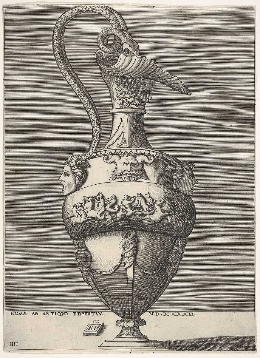 Antique Ewer with a Handle in the Shape of Two Snakes coming from the Head of Medusa below, from "Vases after the Antique", Enea Vico (Italian, Parma 1523–1567 Ferrara), Engraving; second state 