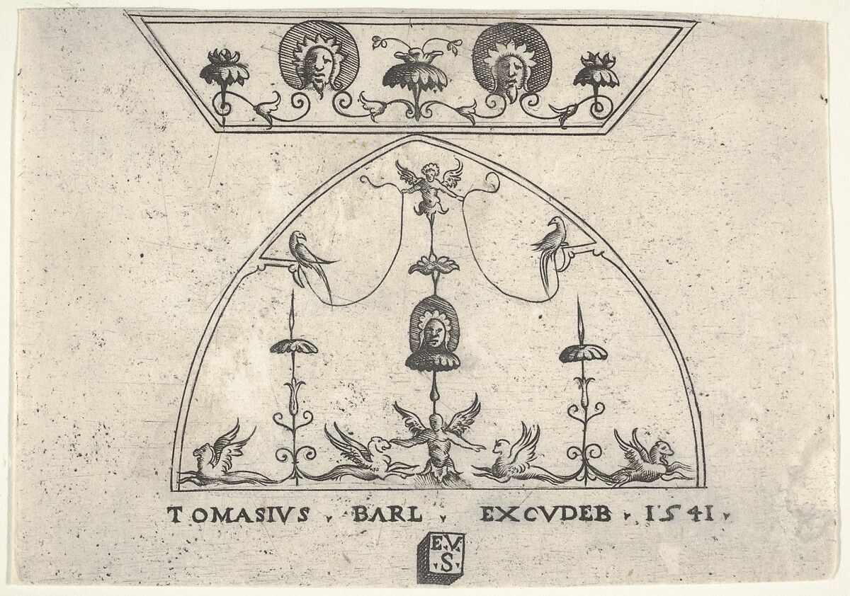 Two panels of grotesque decoration, with winged human figures, birds, and griffins, from a series of panels of different dimensions representing grotesques, Enea Vico (Italian, Parma 1523–1567 Ferrara), Engraving 