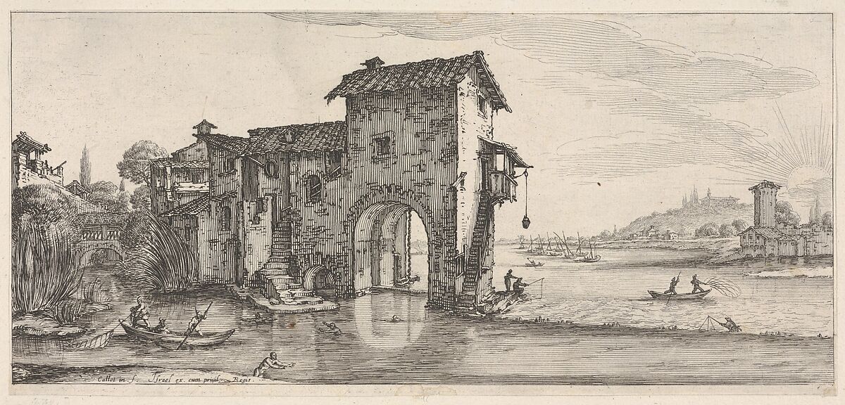 Landscape with water-mill and figures fishing in boat on the left river on the right, from the series 'Italian landscapes' (Diverse vedute designate in Fiorenza / Paysages italiens), Jacques Callot (French, Nancy 1592–1635 Nancy), Etching 