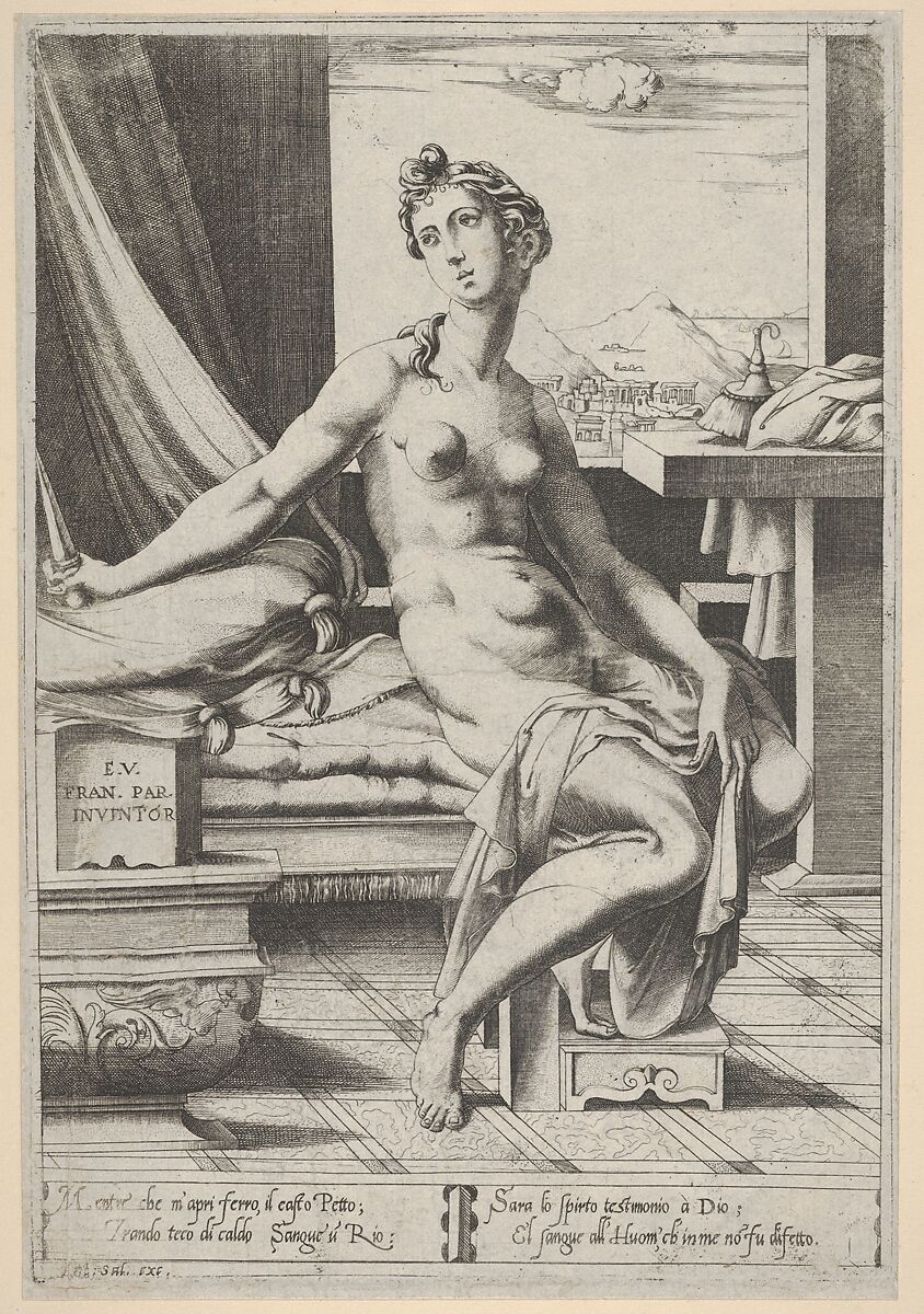 Lucretia naked and seated before a window, a dagger in her right hand and holding drapery in her left, Enea Vico (Italian, Parma 1523–1567 Ferrara), Engraving 
