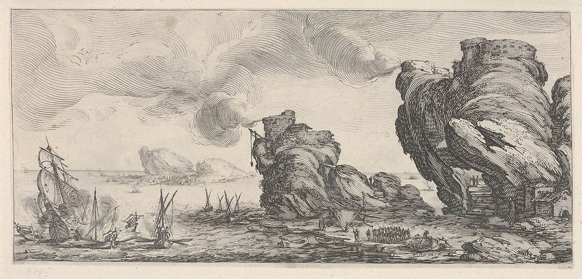 Naval battle with ruined ship and smoking battlements, from 'Italian landscapes' (Diverse vedute designate in Fiorenza / Paysages italiens), Jacques Callot (French, Nancy 1592–1635 Nancy), Etching 