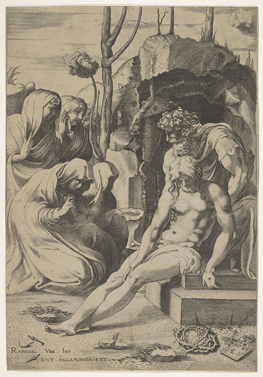 Entombment of Christ, whose chest is grasped by Joseph of Arimathea, with two kneeling and two standing female mourners at left and crown of thorns at bottom right, Enea Vico (Italian, Parma 1523–1567 Ferrara), Engraving 
