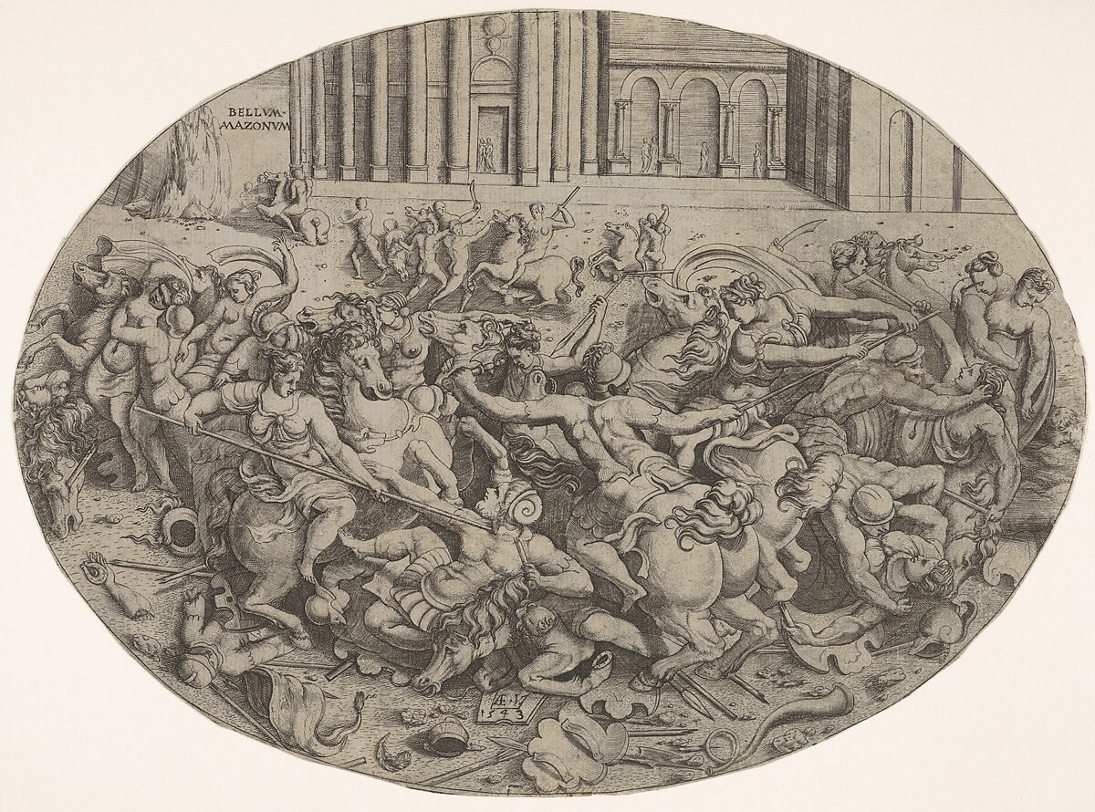 Combat between Amazons and men in front of architectural arcades, an oval composition with weapons, headgear, and bodies strewn along the bottom margin, Enea Vico (Italian, Parma 1523–1567 Ferrara), Engraving 
