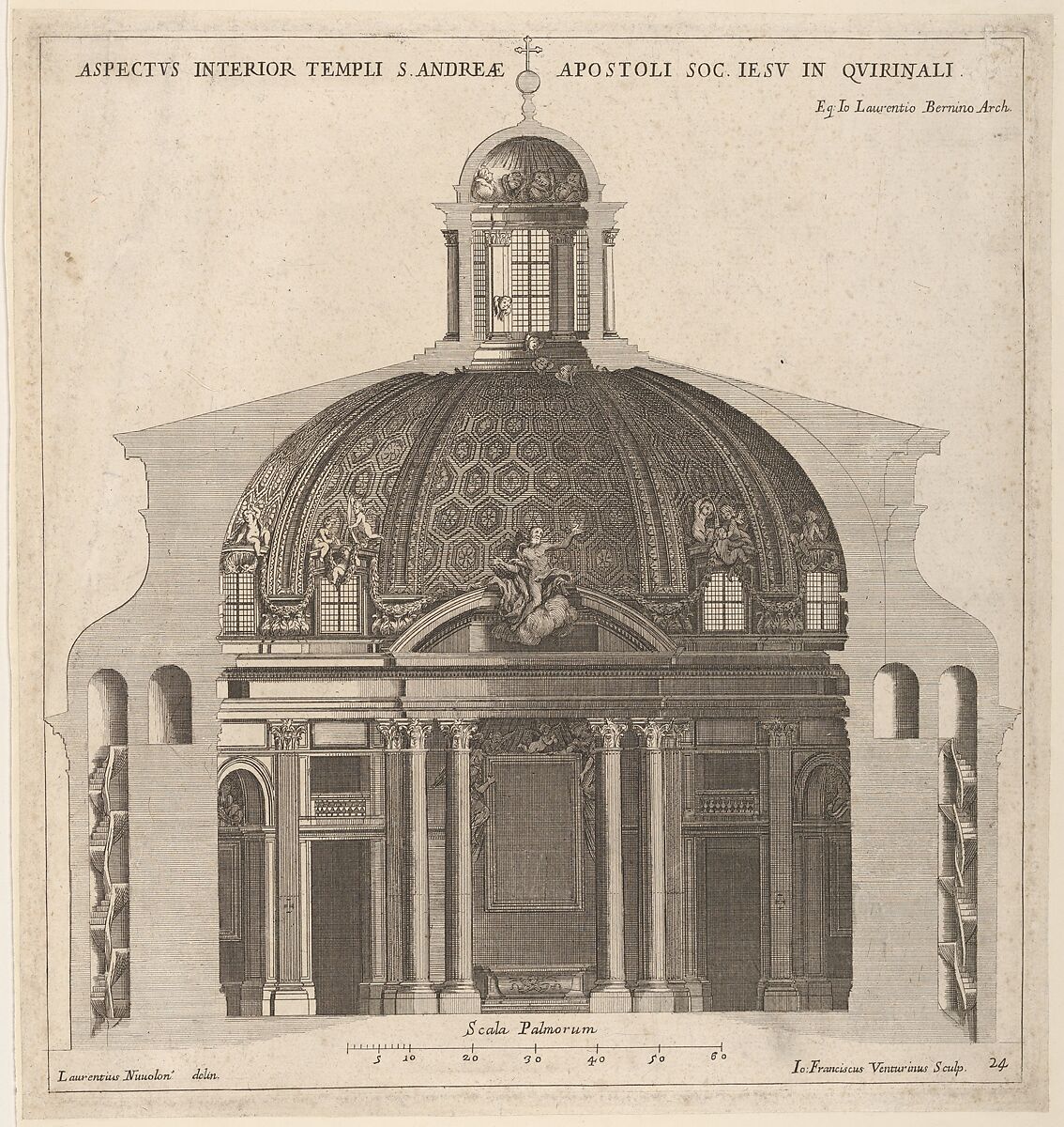 Cross-section of the church of Sant'Andrea al Quirinale, Rome, showing lantern, cupola, and altar, Giovanni Francesco Venturini (Italian, active ca. 1650–1700), Engraving 