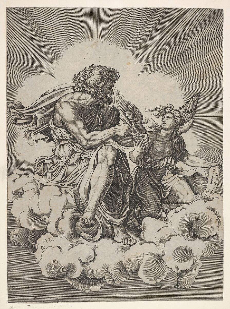 St. Matthew, seated on a cloud with legs crossed and dipping a quill into an inkwell held by an angel, who also holds an inscribed scroll, from a series of the four evangelists after Agostino Veneziano, which are in turn after Giulio Romano, Anonymous, Italian, 16th century, Engraving 