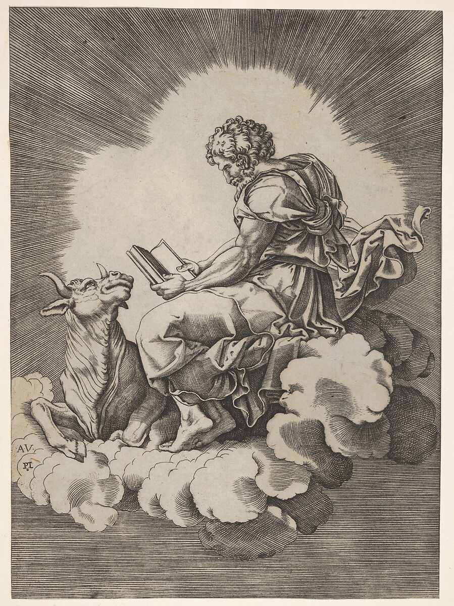 St. Luke, seated on a cloud with an open book in both hands, a bull lying at his feet, from a series of the four evangelists after Agostino Veneziano, which are in turn after Giulio Romano, Anonymous, Italian, 16th century, Engraving 