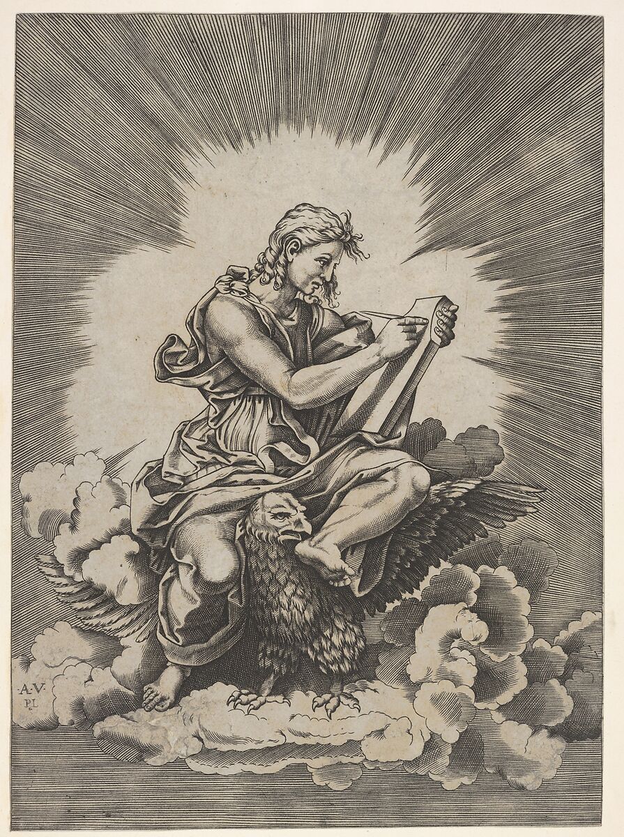 St. John, seated and holding a writing instrument to a tablet, an eagle with outstretched wings below his legs, from a series of the four evangelists after Agostino Veneziano, which are in turn after Giulio Romano, Anonymous, Italian, 16th century, Engraving 