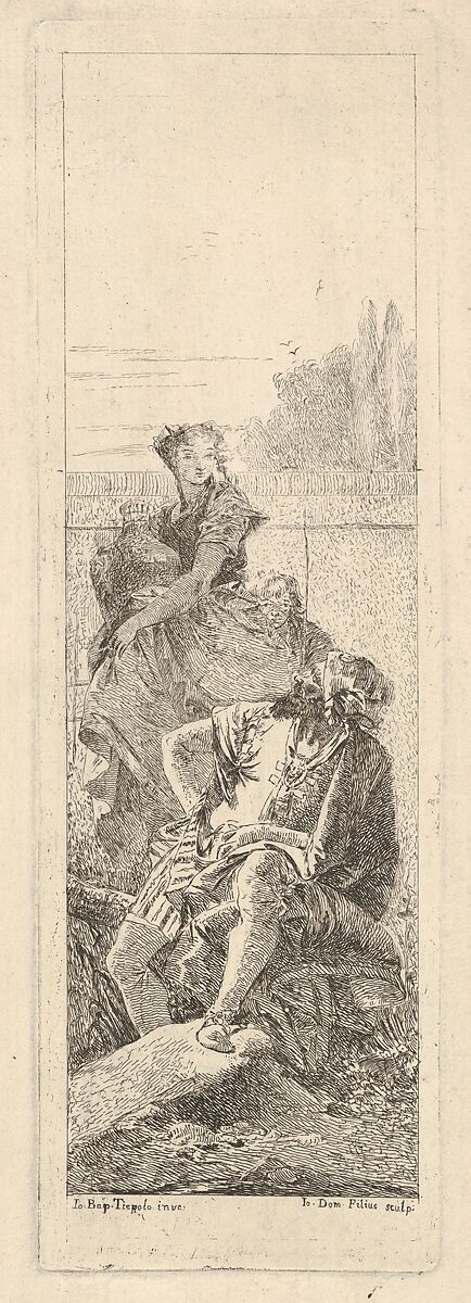 A bearded, seated man looks over his right shoulder toward a child and woman bearing a vessel, possibly a variation on a theme of Armida and Adraste from "Jerusalem delivered" (Gerusalemme liberata), Giovanni Domenico Tiepolo (Italian, Venice 1727–1804 Venice), Etching 