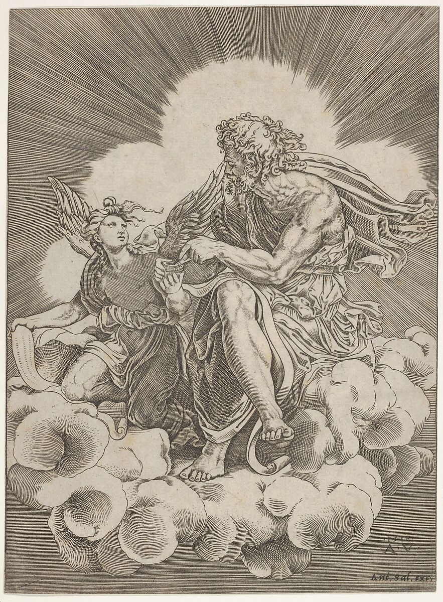 St. Matthew, seated on a cloud and dipping a quill into an inkwell held by an angel, who is also holding a scroll, from a series of the four evangelists after Giulio Romano, Agostino Veneziano (Agostino dei Musi) (Italian, Venice ca. 1490–after 1536 Rome), Engraving 