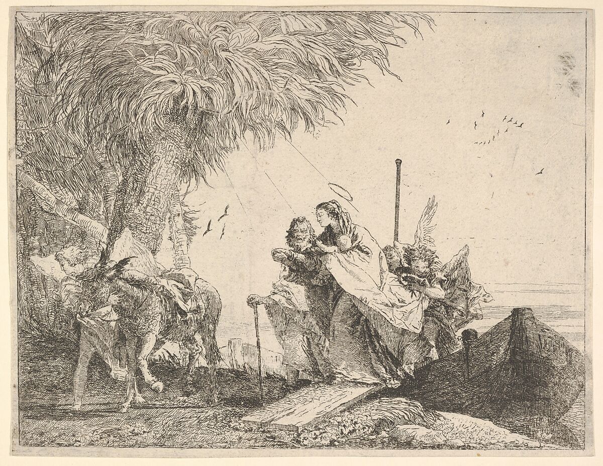 Mary, helped by Joseph and an angel, stepping from a boat to the shore, an angel steadies a donkey before her, from the series 'The Flight into Egypt', Giovanni Domenico Tiepolo (Italian, Venice 1727–1804 Venice), Etching 