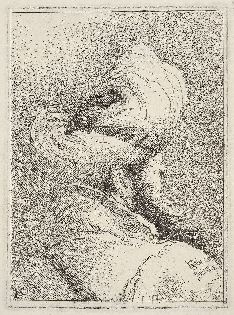 Bearded man wearing a turban, depicted in bust length from behind in three-quarters view, from the series 'Collection of heads' (Raccolta di teste), Giovanni Domenico Tiepolo (Italian, Venice 1727–1804 Venice), Etching 
