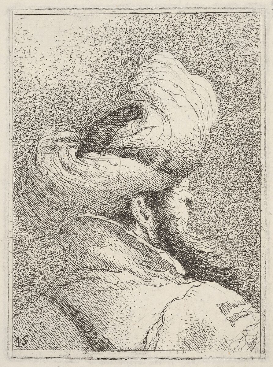 Bearded man wearing a turban, depicted in bust length from behind in three-quarters view, from "Collection of heads" (Raccolta di teste), Giovanni Domenico Tiepolo (Italian, Venice 1727–1804 Venice), Etching 