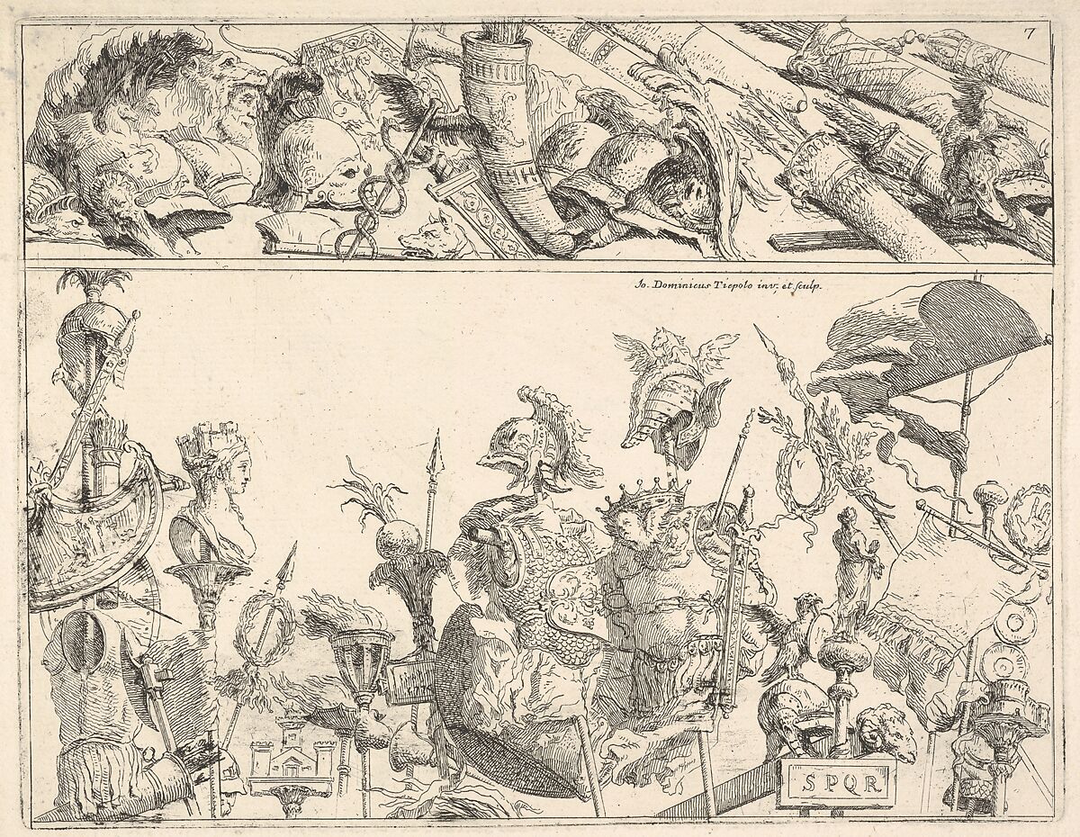 Roman arms, standards, and trophies, a composition divided into two horizontal bands, Giovanni Domenico Tiepolo (Italian, Venice 1727–1804 Venice), Etching 