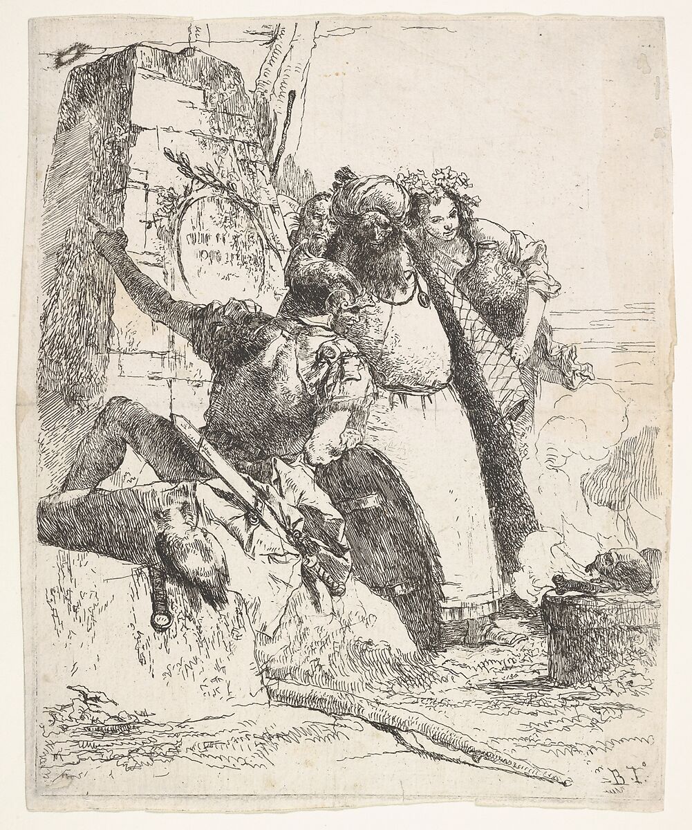 A scene of necromancy: a woman bearing a vessel, a turbaned man, and a soldier look toward a pedestal upon which a skull and limb bone are burning, a bearded male figure's face is visible behind the group, from the series 'Turns of fantasy' (Scherzi di fantasia), Giovanni Battista Tiepolo (Italian, Venice 1696–1770 Madrid), Etching 