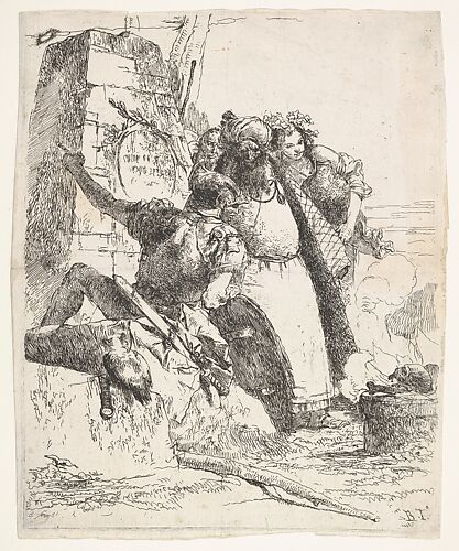 A scene of necromancy: a woman bearing a vessel, a turbaned man, and a soldier look toward a pedestal upon which a skull and limb bone are burning, a bearded male figure's face is visible behind the group, from the series 'Turns of fantasy' (Scherzi di fantasia)