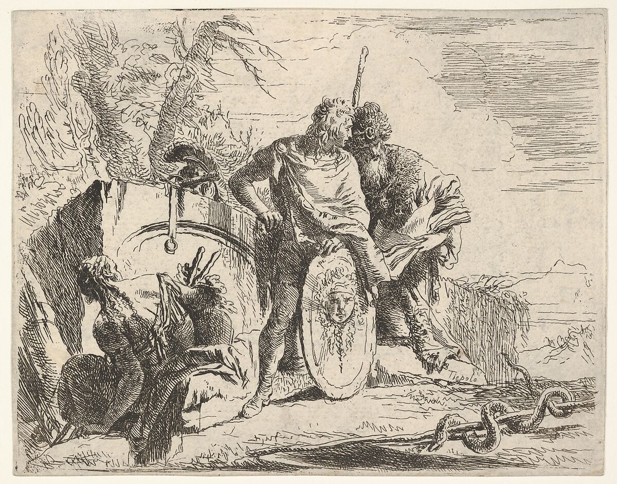 Three figures and a snake coiled around a staff, surrounded by a landscape, the central figure rests his left hand on a shield and leans toward a bearded figure holding a book, from the series 'The Capricci', Giovanni Battista Tiepolo (Italian, Venice 1696–1770 Madrid), Etching 