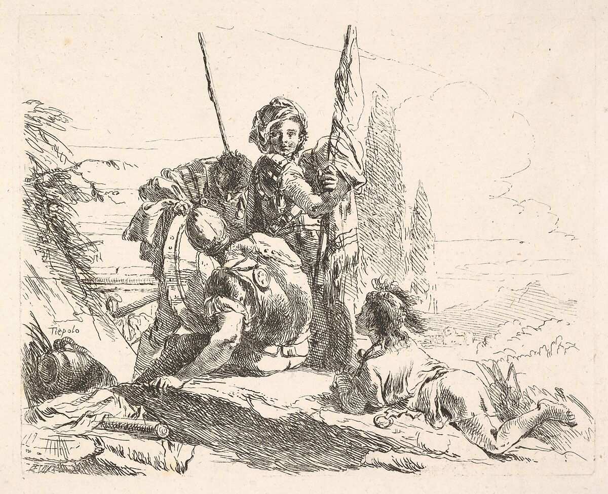 Three soldiers and a youth lying on his abdomen in a landscape, the soldiers bear armor and a flag, from the series 'The Capricci', Giovanni Battista Tiepolo (Italian, Venice 1696–1770 Madrid), Etching 