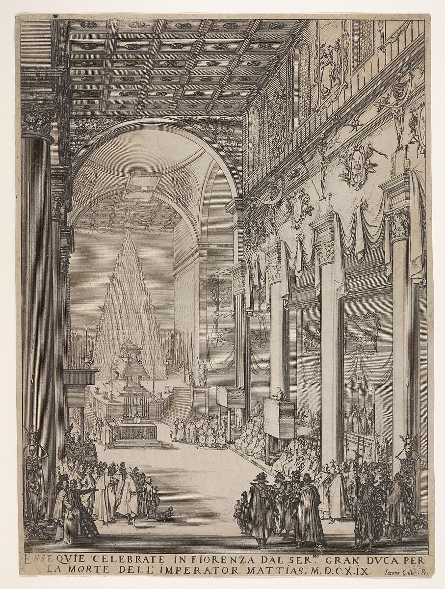 Catafalque of the Emperor Mathias with performance of funeral inside the Church of San Lorenzo, Florence, Jacques Callot (French, Nancy 1592–1635 Nancy), Etching 