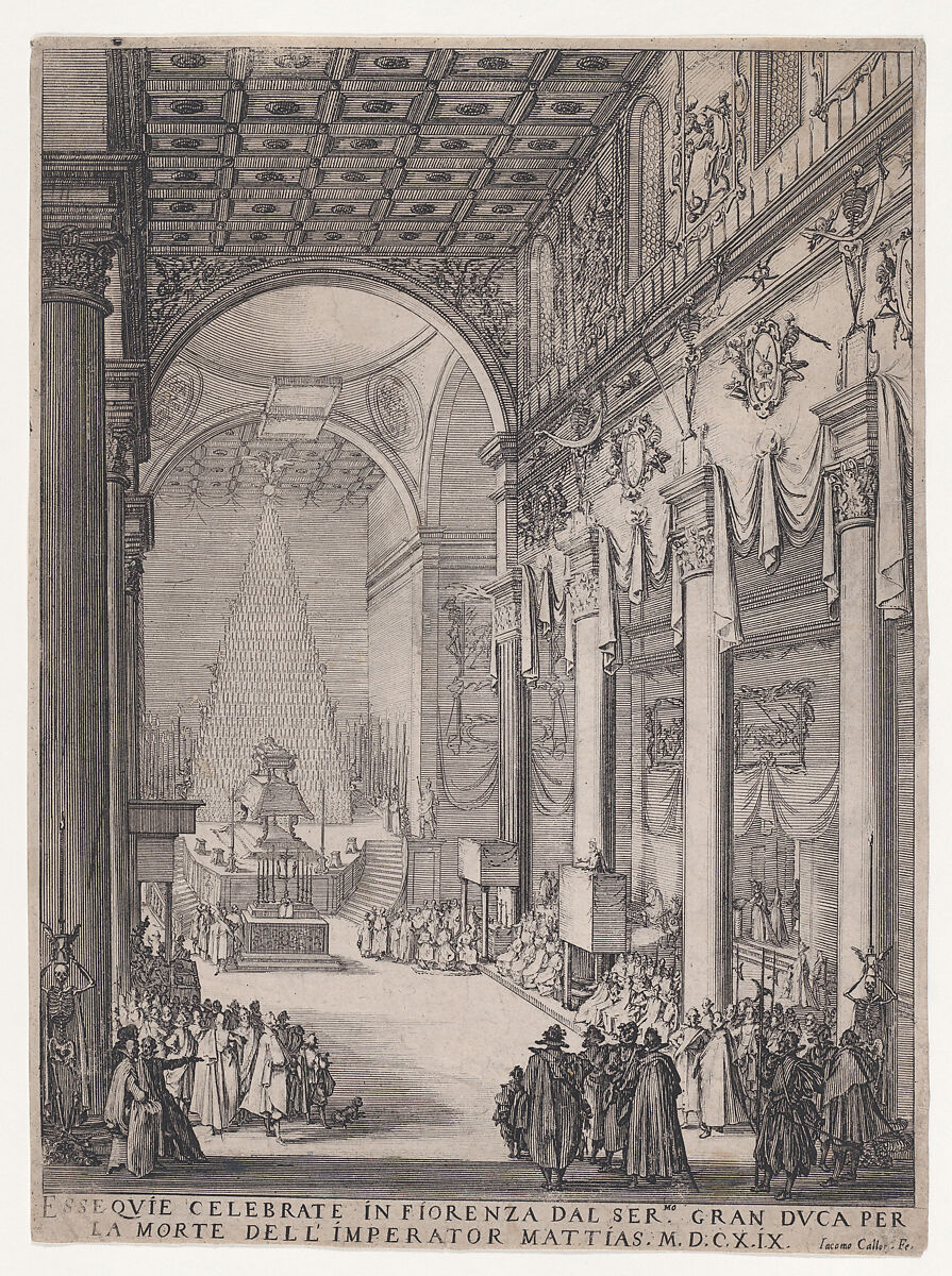 Catafalque of the Emperor Mathias with performance of funeral inside the Church of San Lorenzo, Florence, Jacques Callot (French, Nancy 1592–1635 Nancy), Etching