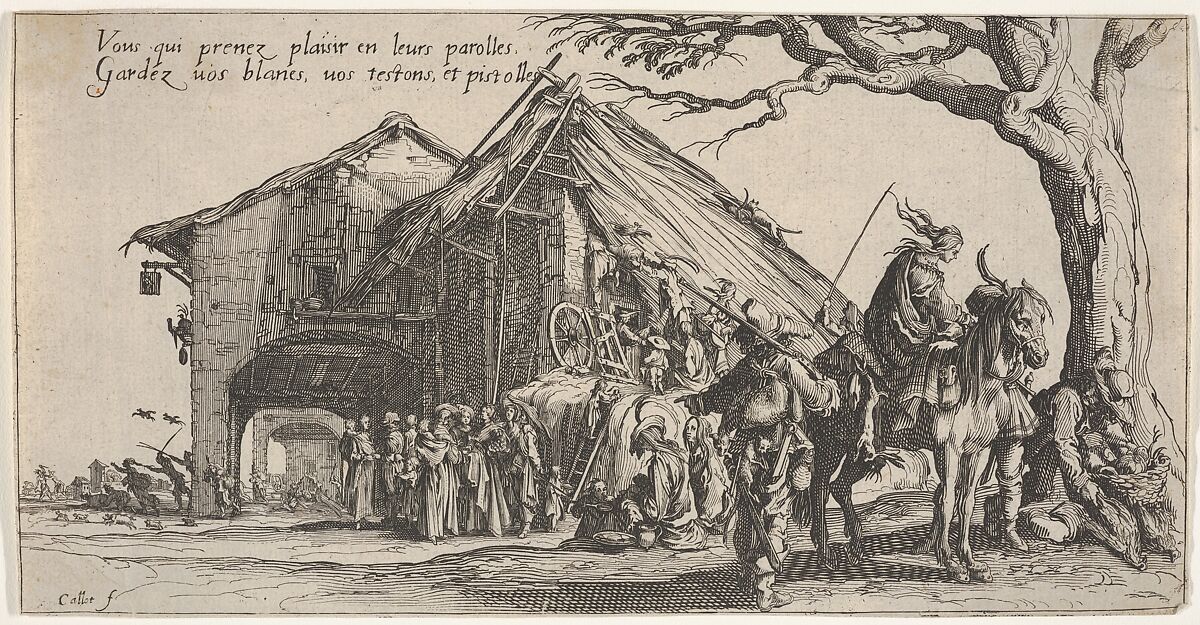 The stopping place of the gypsies: the fortune-tellers (La Halte des bohémiens: les diseuses de bonne aventure), from the series 'The Gypsies' (Les Bohémiens), Jacques Callot (French, Nancy 1592–1635 Nancy), Etching 