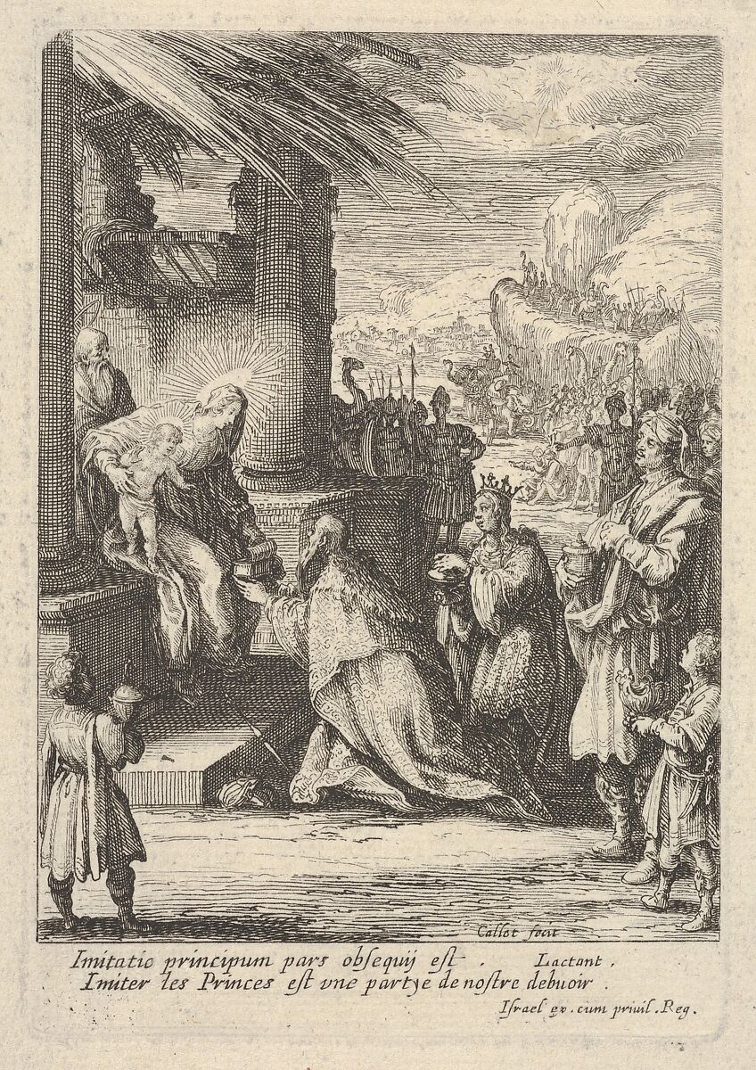 Adoration of the Magi, with Mary bracing Jesus with her right hand and reaching for a gift with her left, a long procession extending into a hilly background, children at bottom left and right bearing vessels, Jacques Callot (French, Nancy 1592–1635 Nancy), Etching 