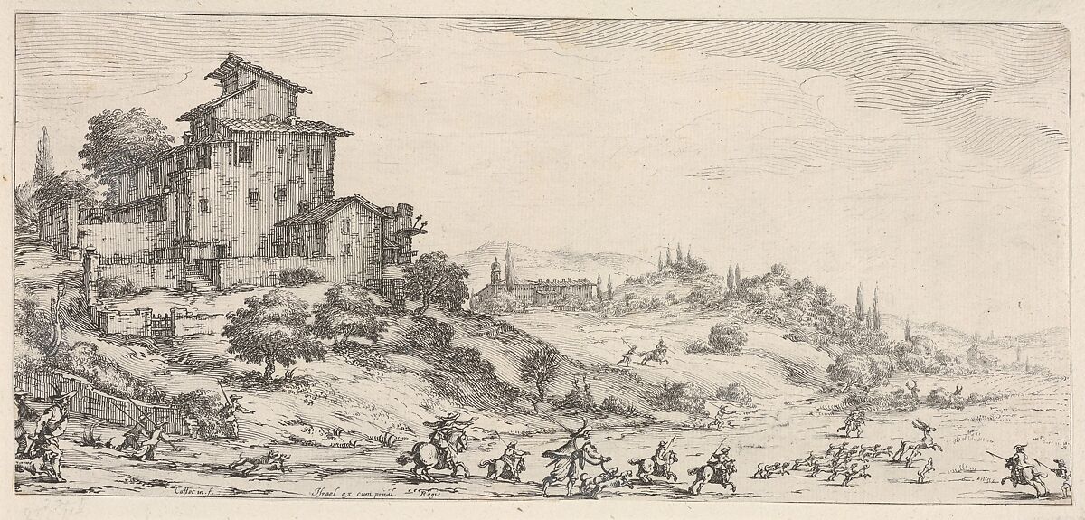 Hunters on horses and on foot, with hounds pursuing a stag, and two buildings in a hilly landscape, from the series 'Italian landscapes' (Diverse vedute designate in Fiorenza / Paysages italiens), Jacques Callot (French, Nancy 1592–1635 Nancy), Etching 