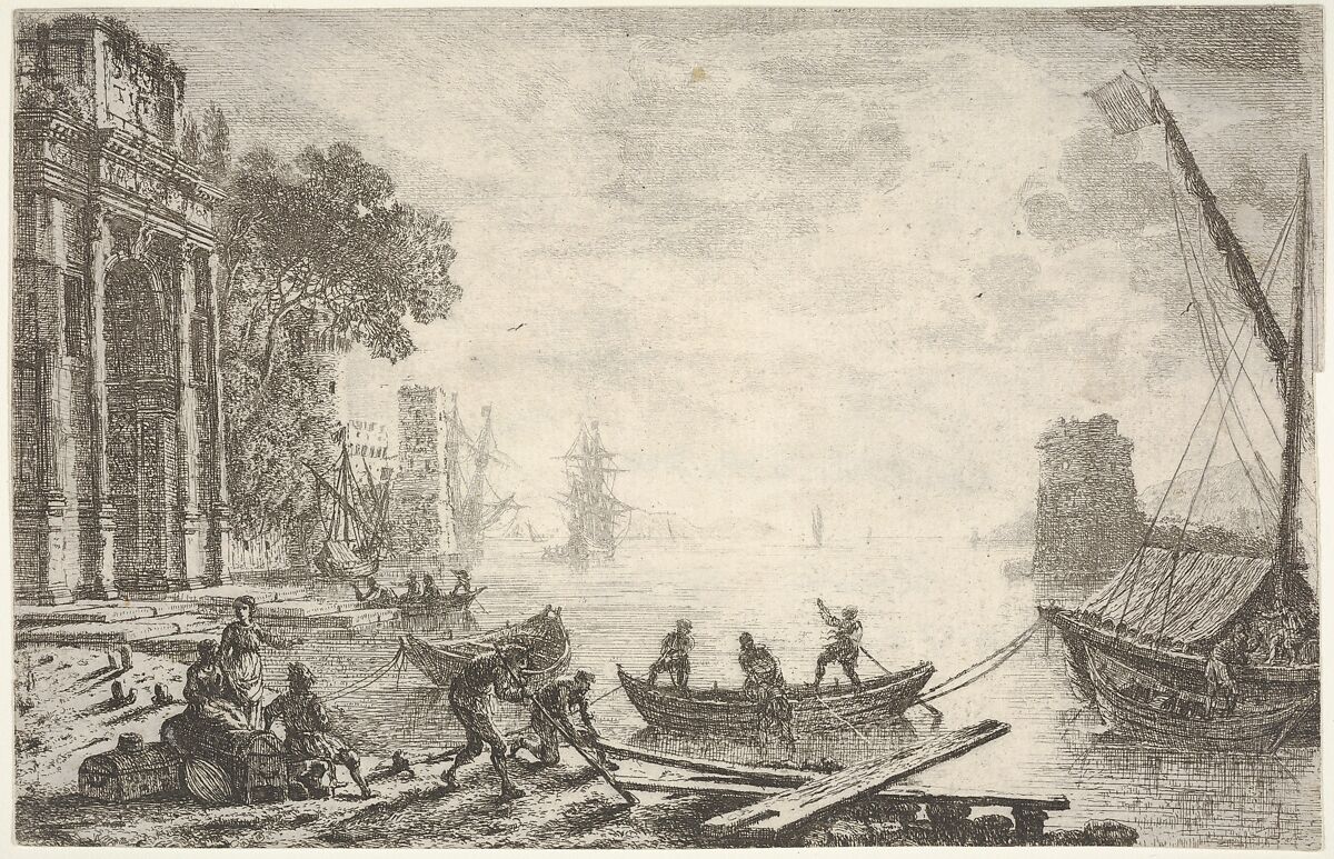 Harbor with rising sun, figures in foreground, colonnade on left, Claude Lorrain (Claude Gellée) (French, Chamagne 1604/5?–1682 Rome), Etching 