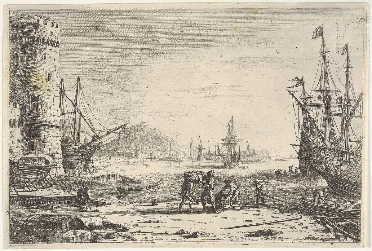 Harbor with large tower at left, and figures in the foreground, Claude Lorrain (Claude Gellée) (French, Chamagne 1604/5?–1682 Rome), Etching 