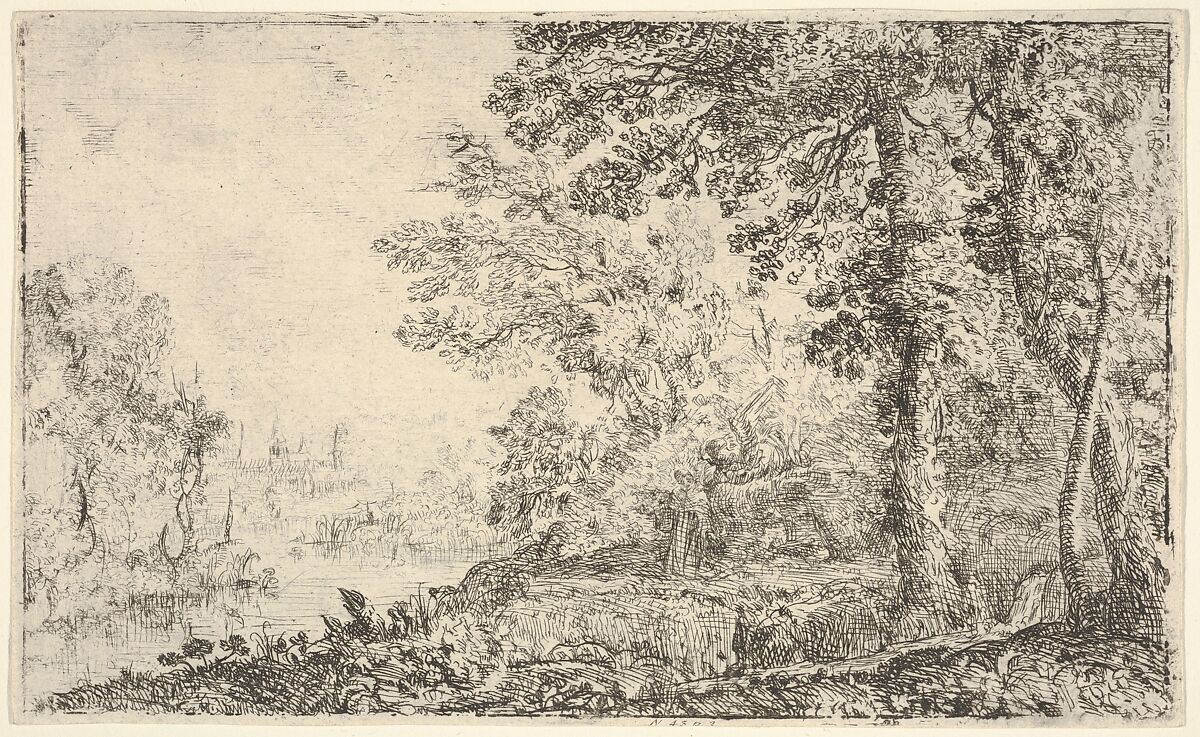 A landscape with a monk and an angel in the center, a town to the left (The Vision), Claude Lorrain (Claude Gellée) (French, Chamagne 1604/5?–1682 Rome), Etching 