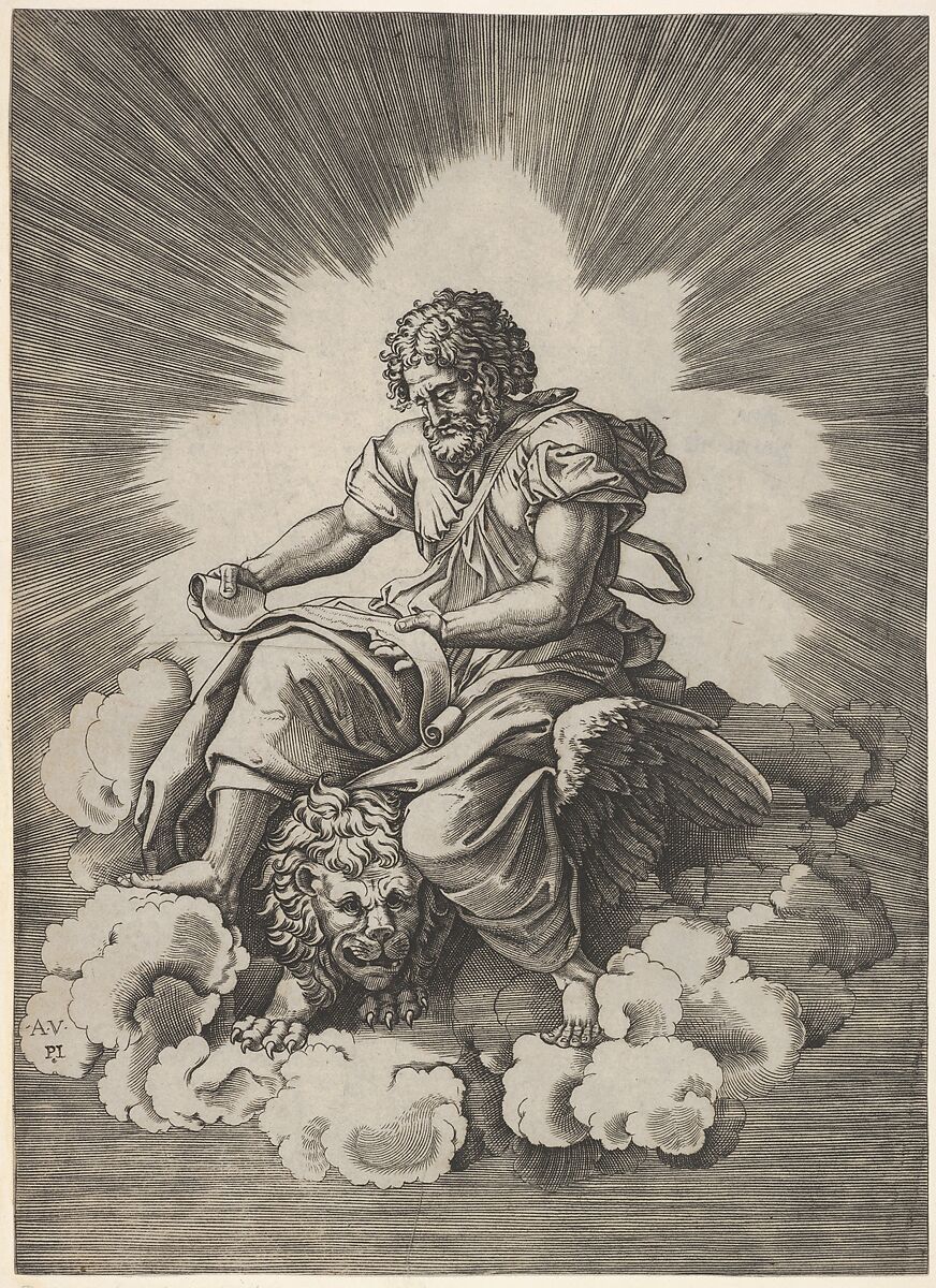 St. Mark, seated with an unfurled scroll in his hands, a winged lion's head and forefeet emerge beneath his robes, from a series of the four evangelists after Agostino Veneziano, which are in turn after Giulio Romano, Anonymous, Italian, 16th century, Engraving 