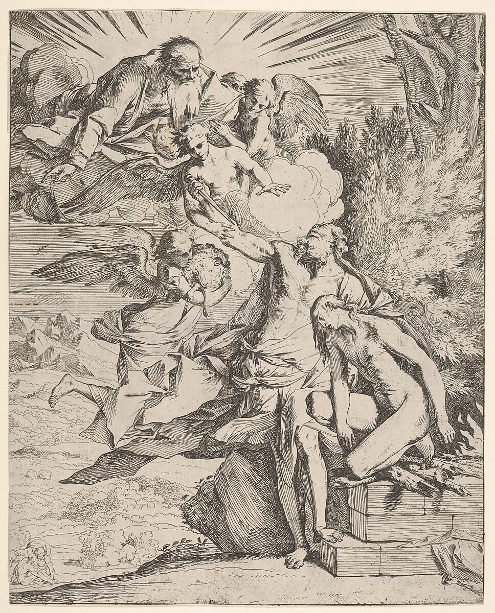 Sacrifice of Isaac: an angel presses against the dagger-bearing arm of Abraham, who stands next to Isaac on an altar, God the Father and an angel bearing a lamb approach from the left, Pietro Testa (Italian, Lucca 1612–1650 Rome), Etching 