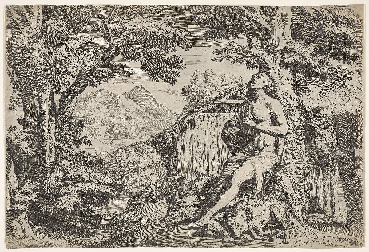 The prodigal son seated at the base of a tree among swine, his gaze directed upward and his hands folded at his chest, surrounded by a wooded landscape and a pigsty, Pietro Testa (Italian, Lucca 1612–1650 Rome), Etching 