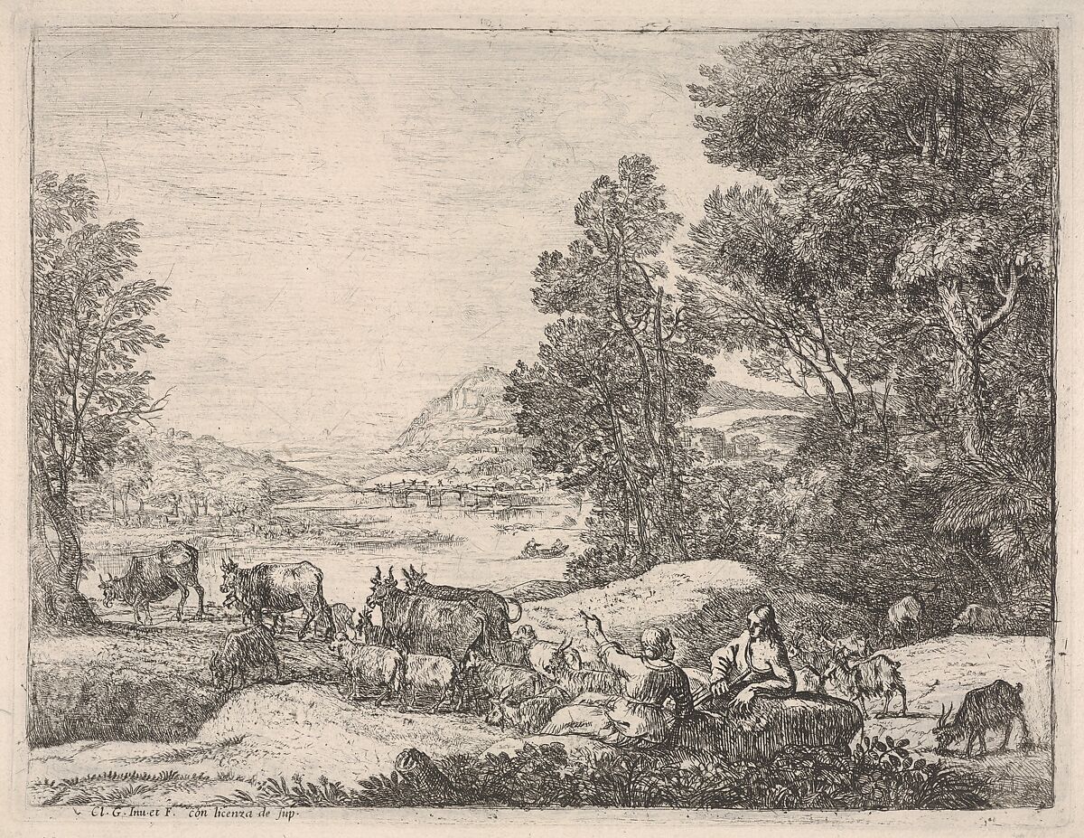 Shepherd and shepherdess conversing in a landscape, with a bridge in the background, Claude Lorrain (Claude Gellée) (French, Chamagne 1604/5?–1682 Rome), Etching 