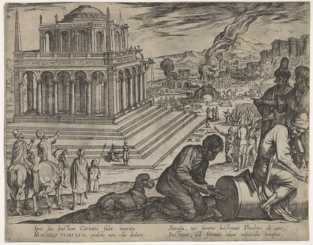 Plate 5: Tomb of Mausolus, stone masons make a column at the right,  from The Seven Wonders of the World, Antonio Tempesta (Italian, Florence 1555–1630 Rome), Etching 