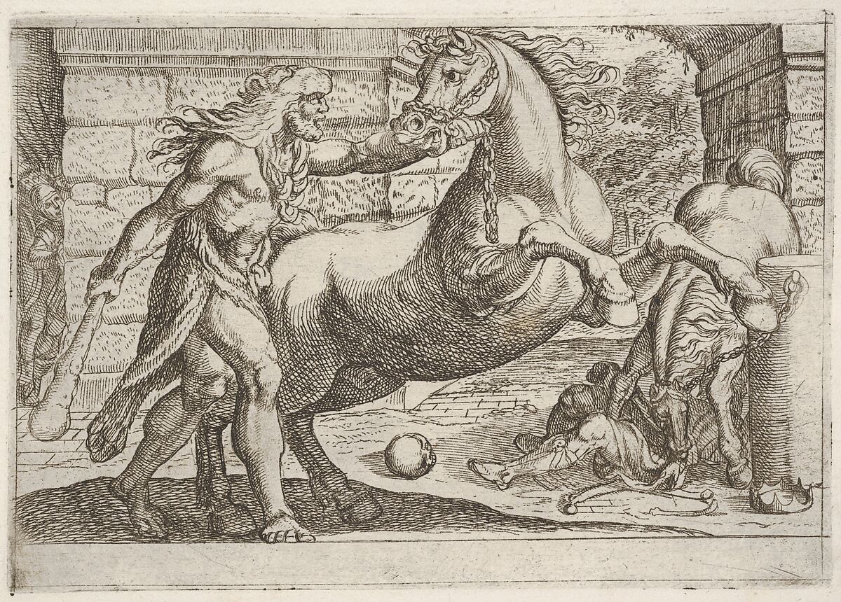 Hercules and the Mares of Diomedes: Hercules grasps the bridle of a rearing horse, a second horse tramples a figure in at right, from the series 'The Labors of Hercules', Antonio Tempesta (Italian, Florence 1555–1630 Rome), Etching 