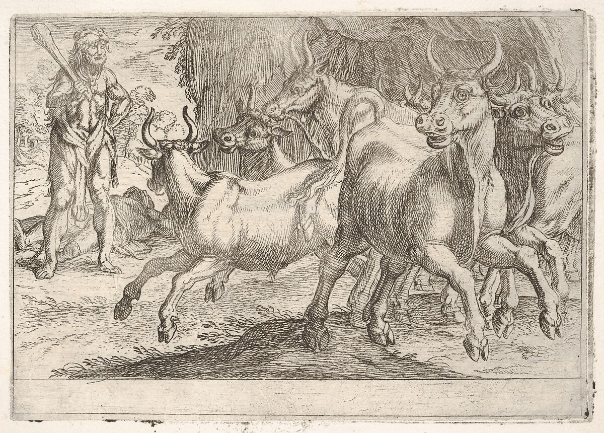 Hercules and the Oxen of Geryones: with a club raised by his right hand, Hercules confronts a group of galloping oxen, from the series 'The Labors of Hercules', Antonio Tempesta (Italian, Florence 1555–1630 Rome), Etching 