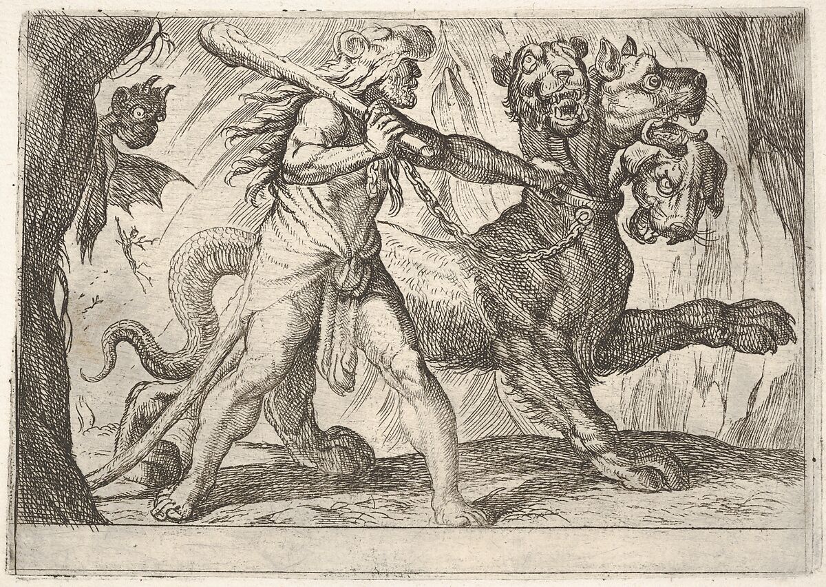 Hercules and Cerberus: Hercules grasps the collar of Cerberus, two demons appear at left, from the series 'The Labors of Hercules', Antonio Tempesta (Italian, Florence 1555–1630 Rome), Etching 
