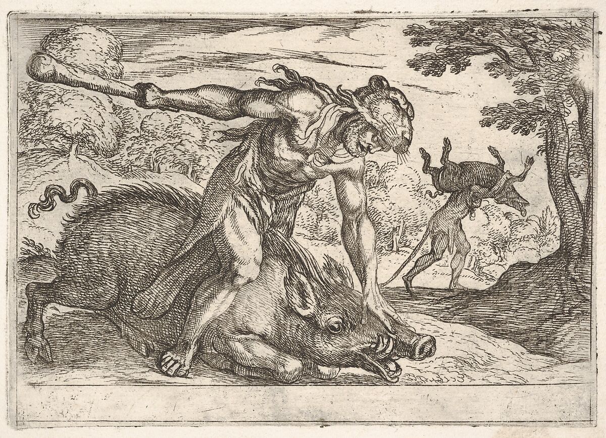 Hercules and the Boar of Erymanthus: Hercules holds down the boar's snout with his left hand and raises his club with his right hand, in the middle ground Hercules carries the boar on his shoulders, from the series 'The Labors of Hercules', Antonio Tempesta (Italian, Florence 1555–1630 Rome), Etching 